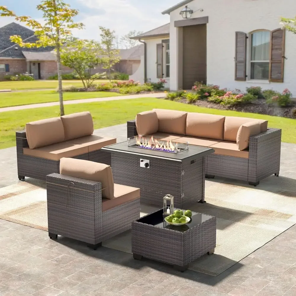 Outdoor Furniture With Fire Pit Table - 8-Piece Outdoor Patio Furniture Set with