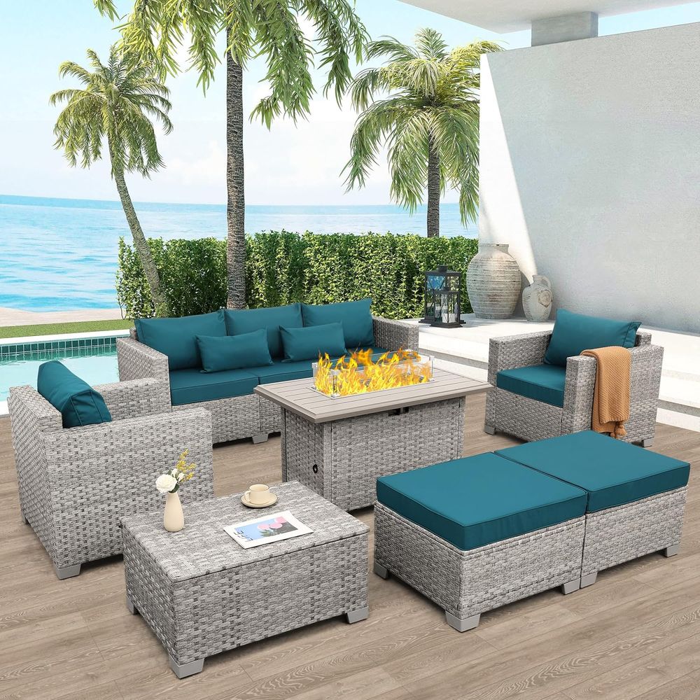 Outdoor Furniture With Fire Pit Table - 6-Piece Grey Wicker Outdoor Patio Furniture