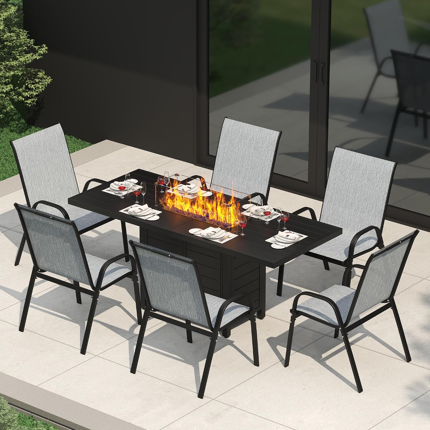 Outdoor Furniture With Fire Pit Table - 7 Pieces Patio Furniture Set w/