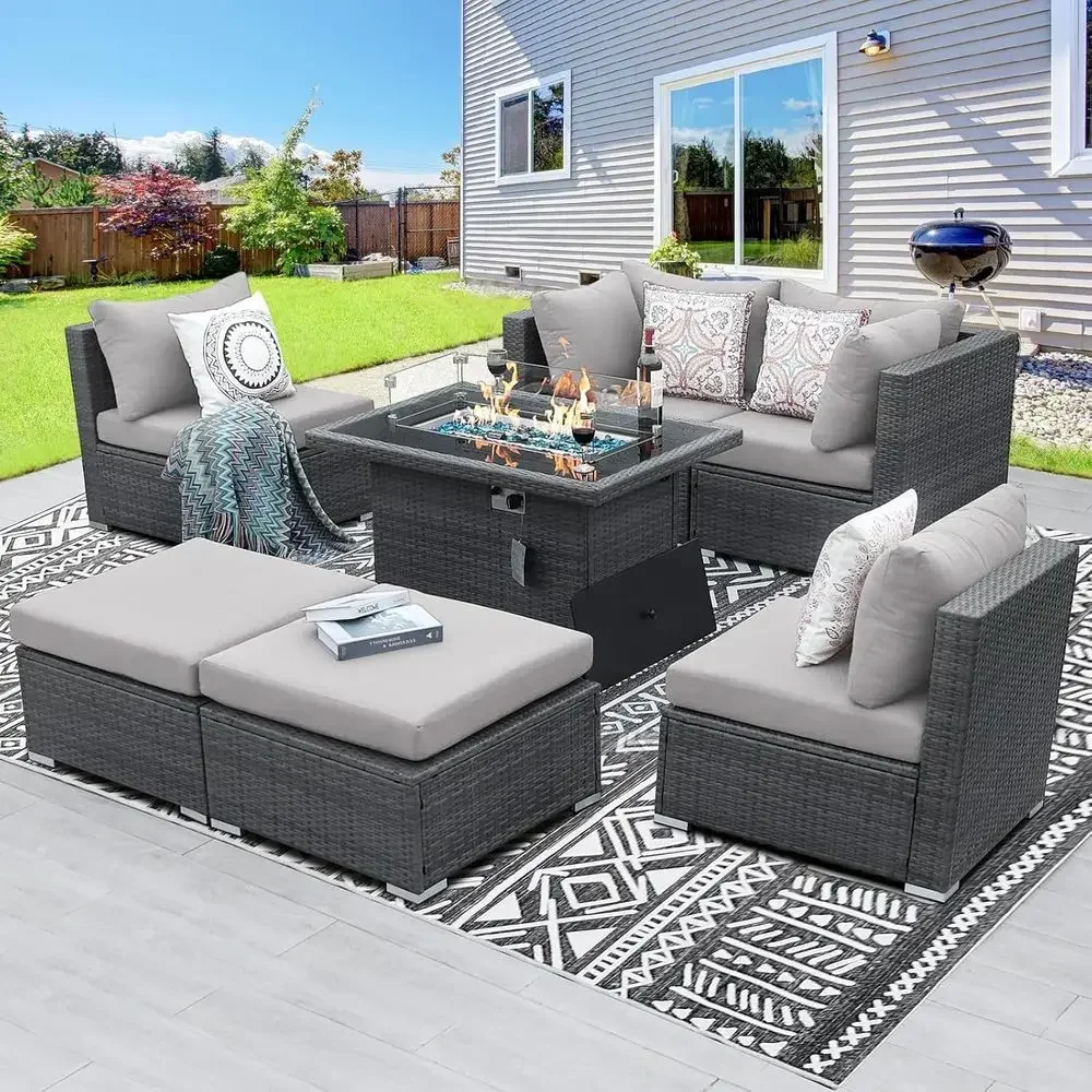 Outdoor Furniture With Fire Pit Table - 6-Person Weather-Resistant Outdoor Sectional Set with