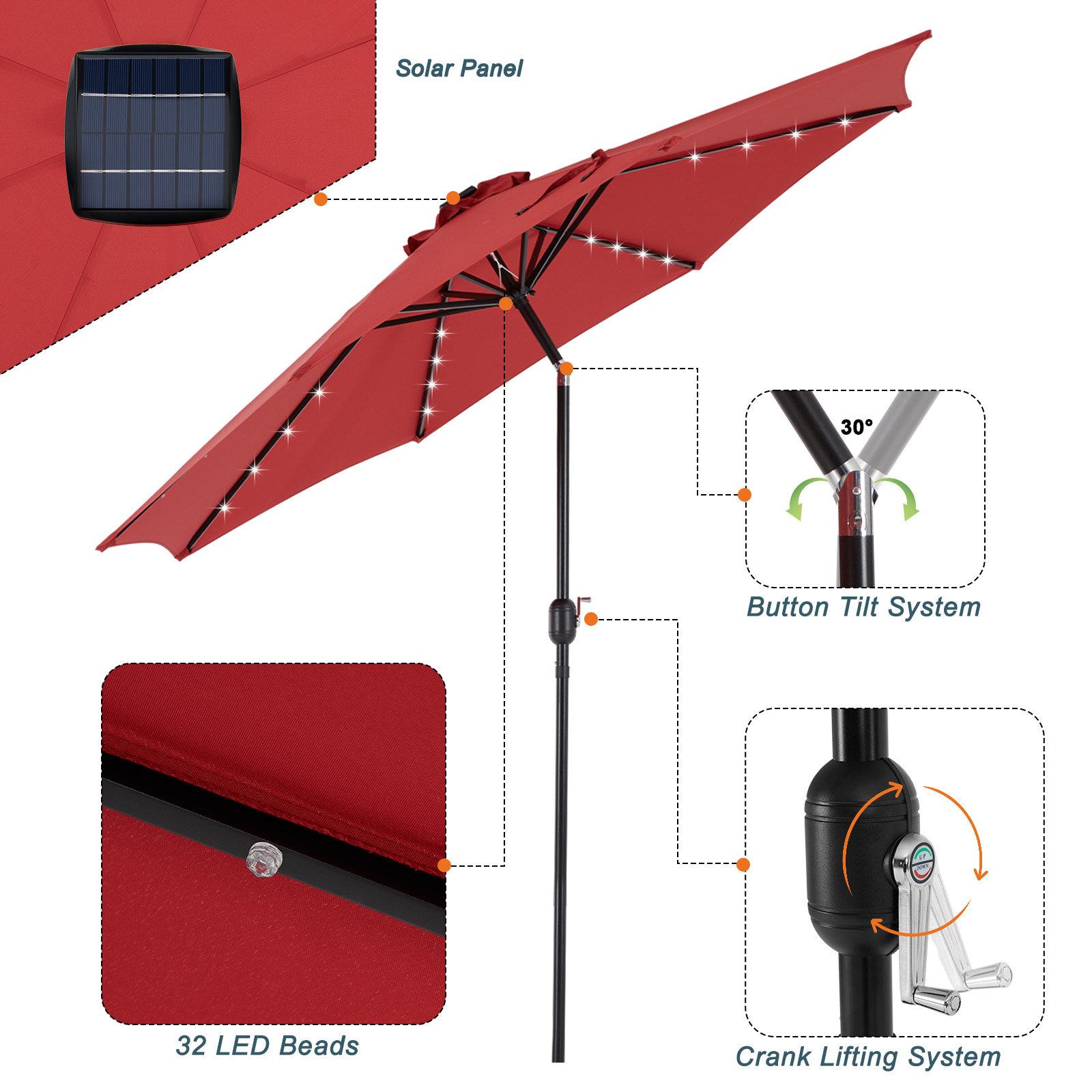 JHK 10FT Solar Patio Umbrella  - Outdoor Furniture Sunbrella ulasan dan harga