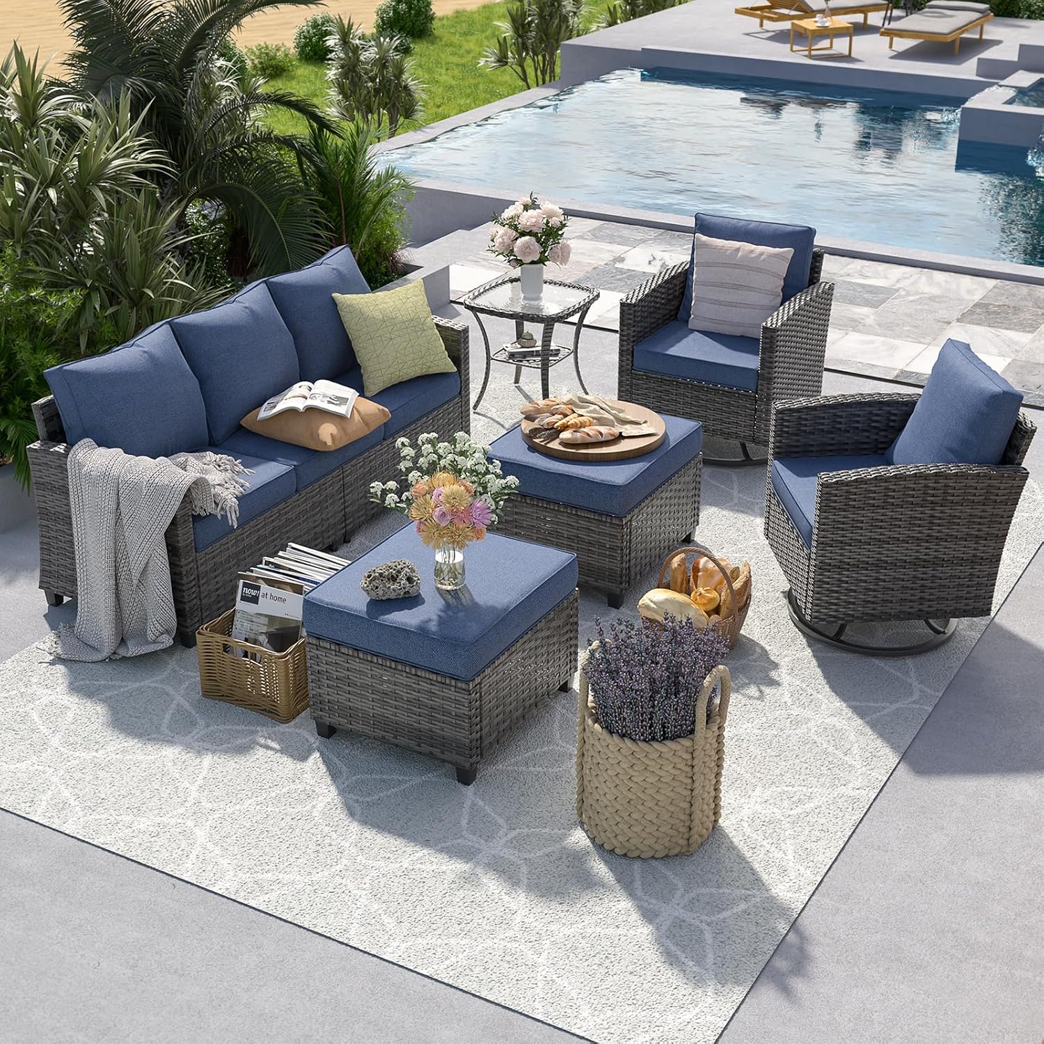 6pc Gray PE Rattan Sectional S - Outdoor Furniture With Fire Pit Table ulasan dan harga