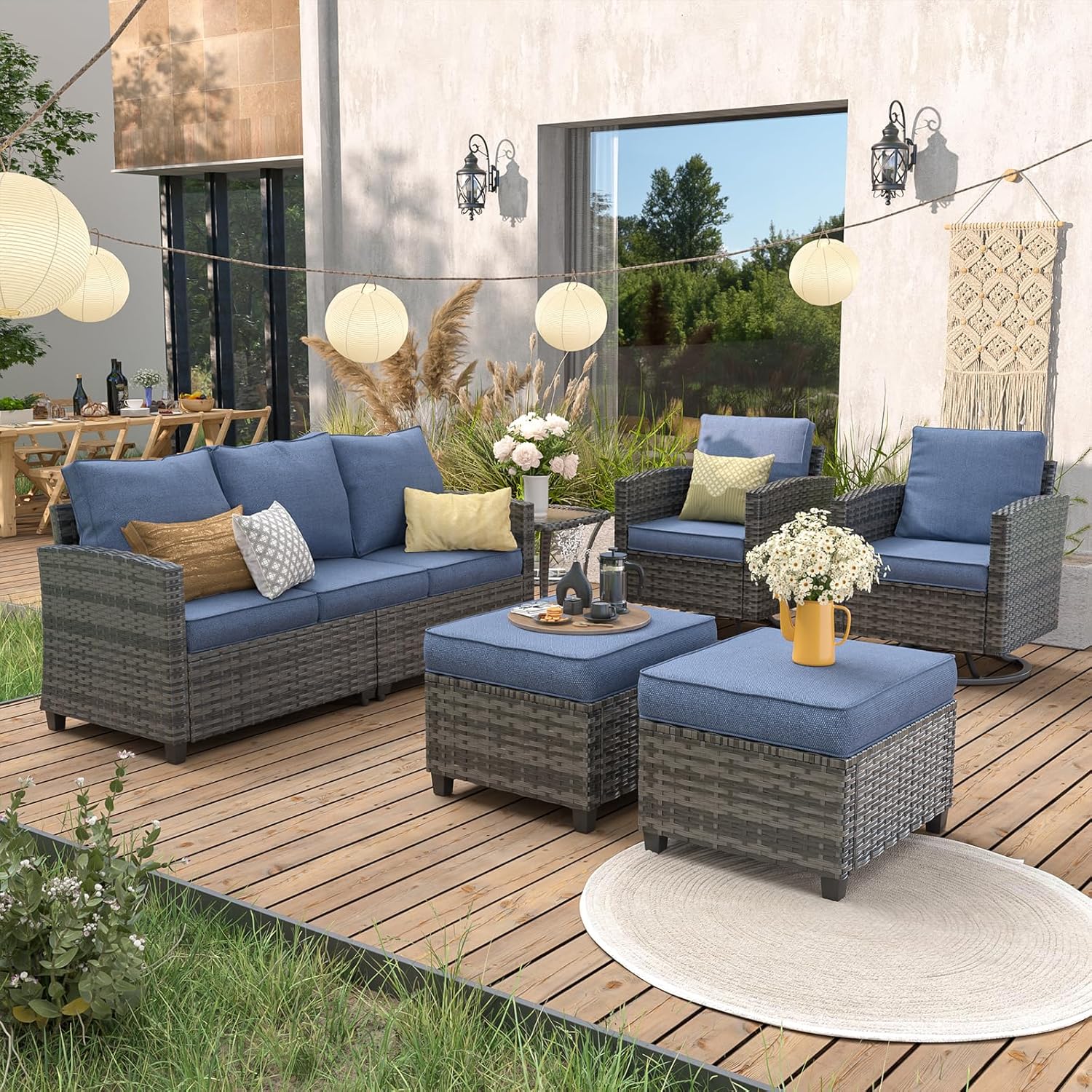 6pc Gray PE Rattan Sectional S - Outdoor Furniture With Fire Pit Table ulasan dan harga