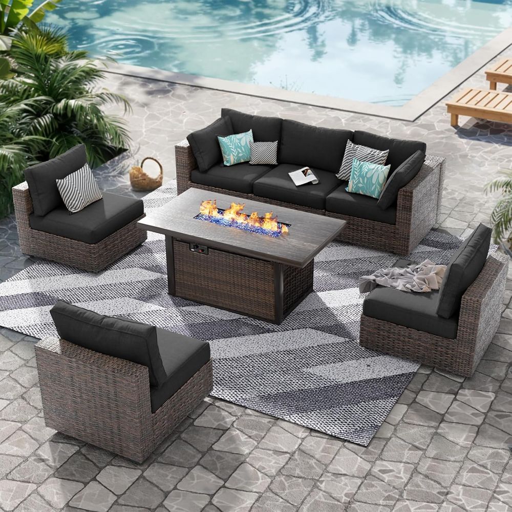 7-Piece Outdoor Wicker Section - Outdoor Furniture With Fire Pit Table ulasan dan harga