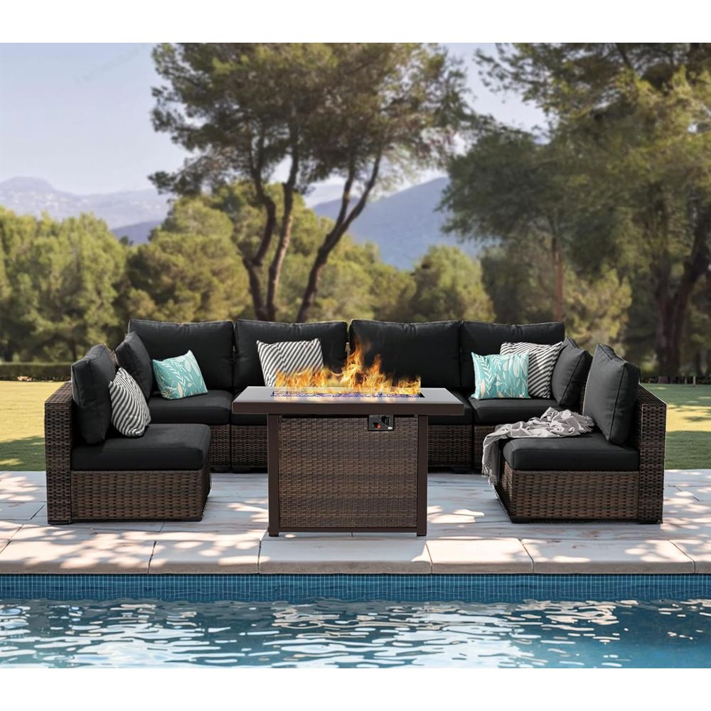 7-Piece Outdoor Wicker Section - Outdoor Furniture With Fire Pit Table ulasan dan harga