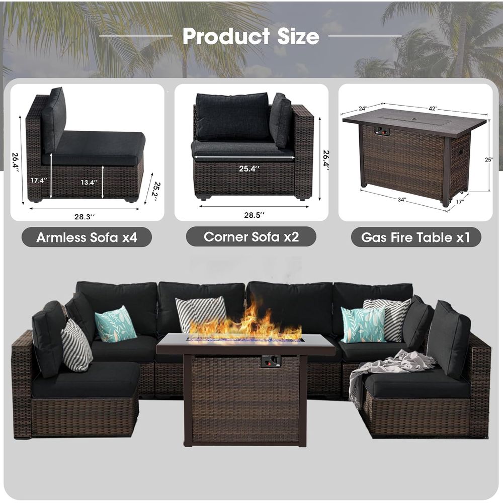 7-Piece Outdoor Wicker Section - Outdoor Furniture With Fire Pit Table ulasan dan harga