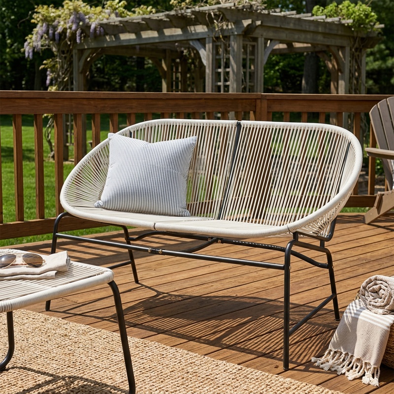 White Wicker Love Seat with Ir - Outdoor Furniture Loveseat ulasan dan harga